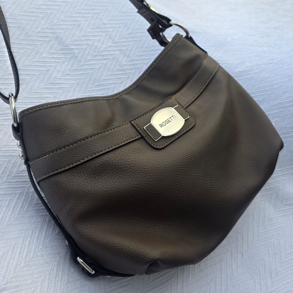 Rosetti Brown Leather Hobo Shoulder Bag with Metal Hardware